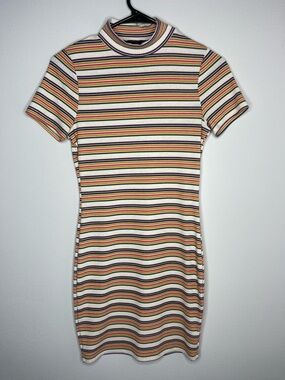 Striped Short Sleeve Mock Neck Dress in Cream with Multicolor Stripes